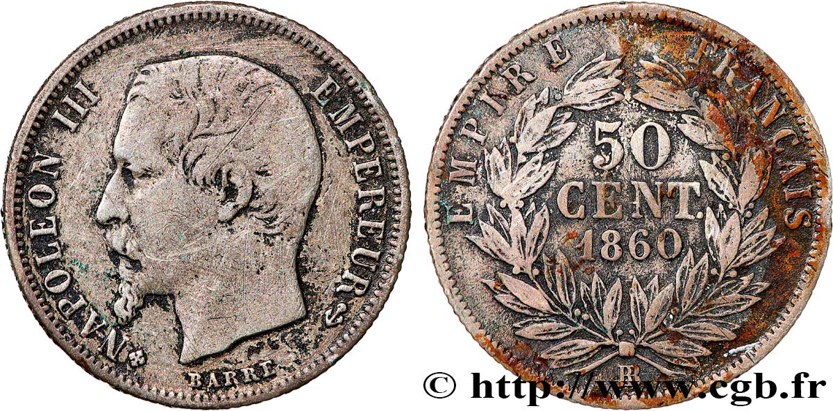 50 centimes Napoléon III, tête nue 1860 Strasbourg F.187/15 VF 