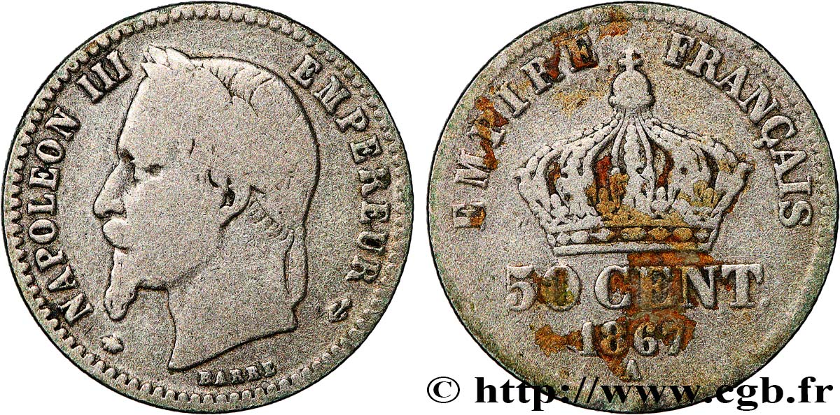 50 centimes Napoléon III, tête laurée 1867 Paris F.188/13 RC12 