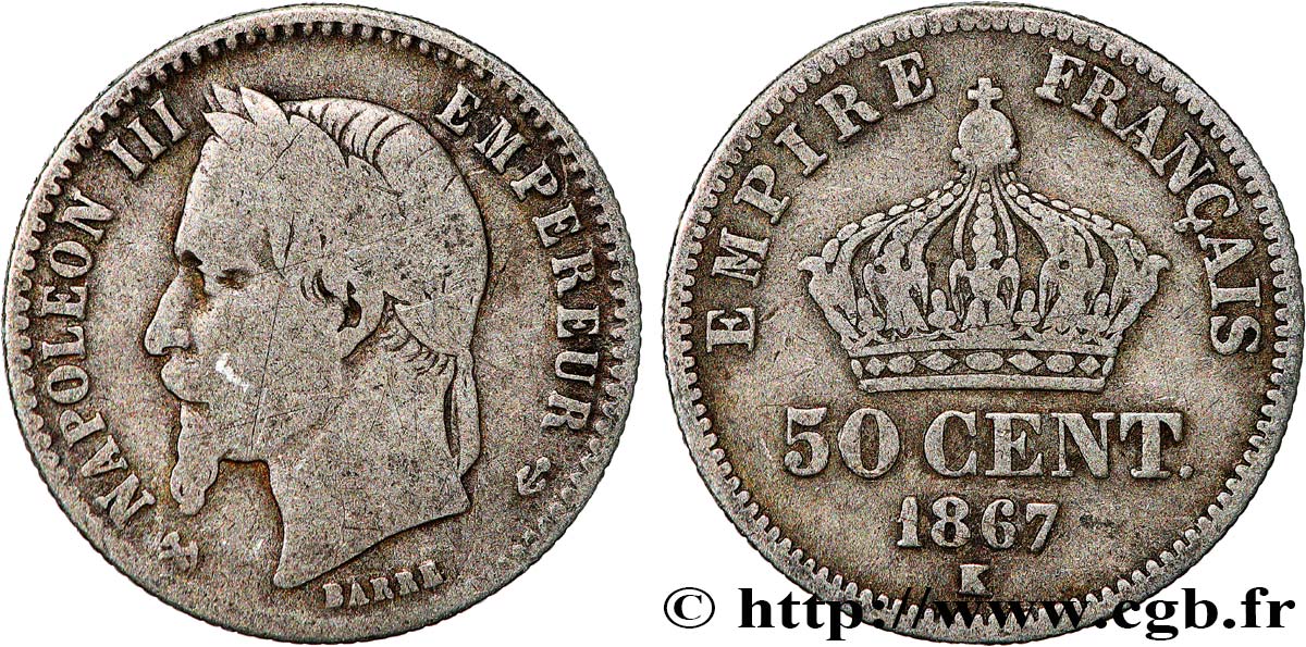 50 centimes Napoléon III, tête laurée 1867 Bordeaux F.188/17 TB15 