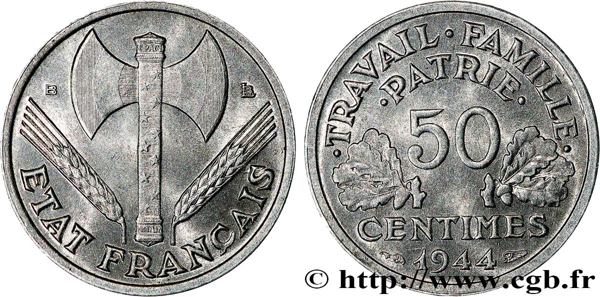 50 centimes Francisque, légère 1944 Beaumont-Le-Roger F.196/5 SUP62 