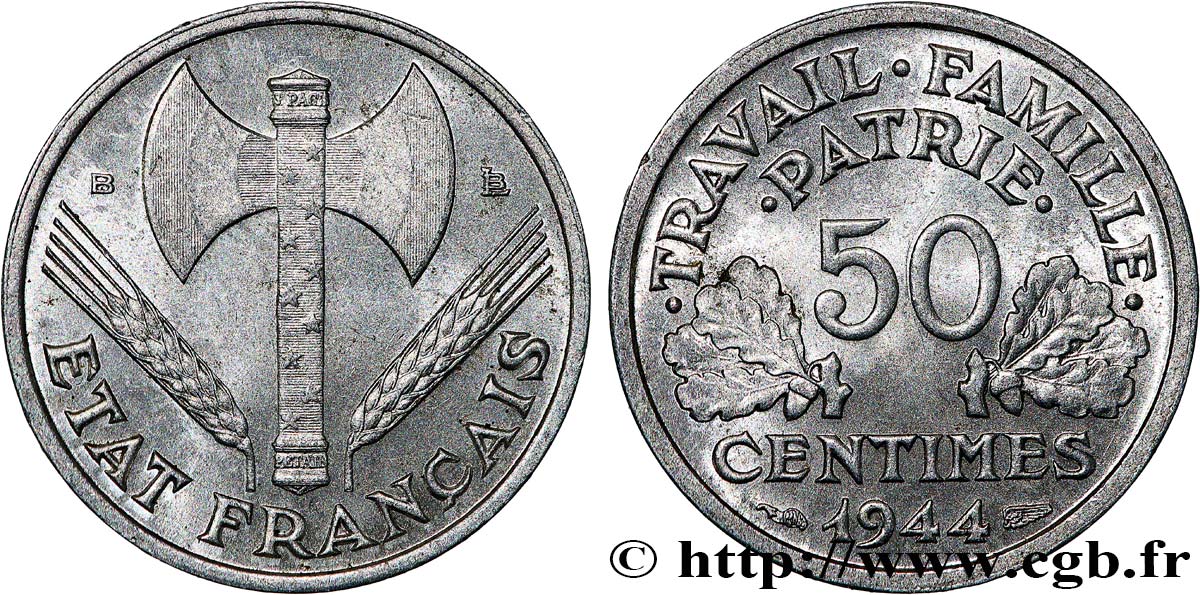 50 centimes Francisque, légère 1944 Beaumont-Le-Roger F.196/4 MS60 