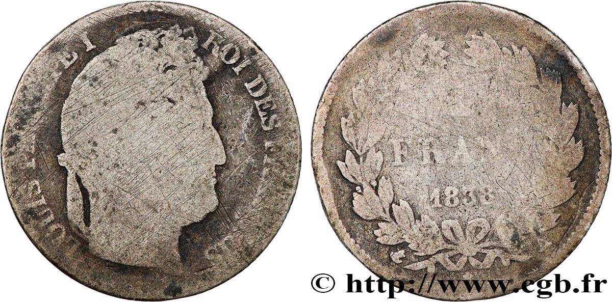 1 franc Louis-Philippe, couronne de chêne 1838 Paris F.210/62 q.B 