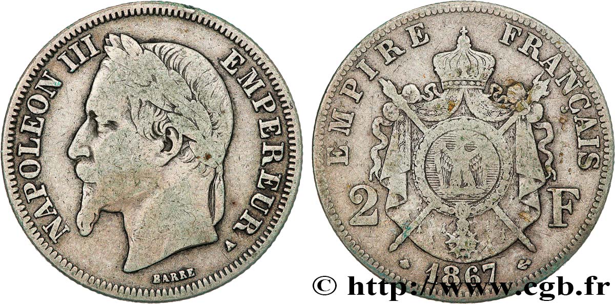 2 francs Napoléon III, tête laurée 1867 Paris F.263/5 TB20 