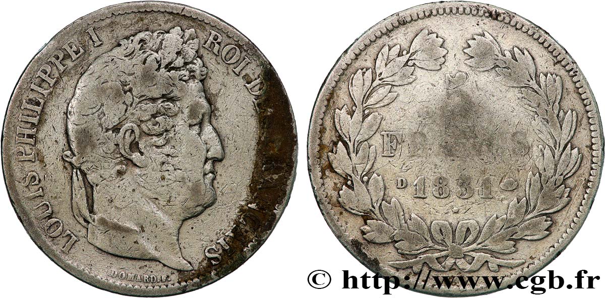 5 francs Ier type Domard, tranche en creux 1831 Lyon F.319/2 VG 