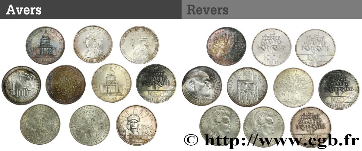 Lot de 10 pièces de 100 francs commémoratives - - F.-/ XF 