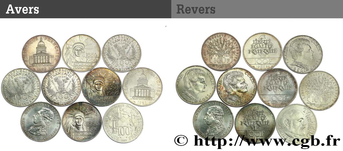 Lot de 10 pièces de 100 francs commémoratives - - F.-/ TTB 