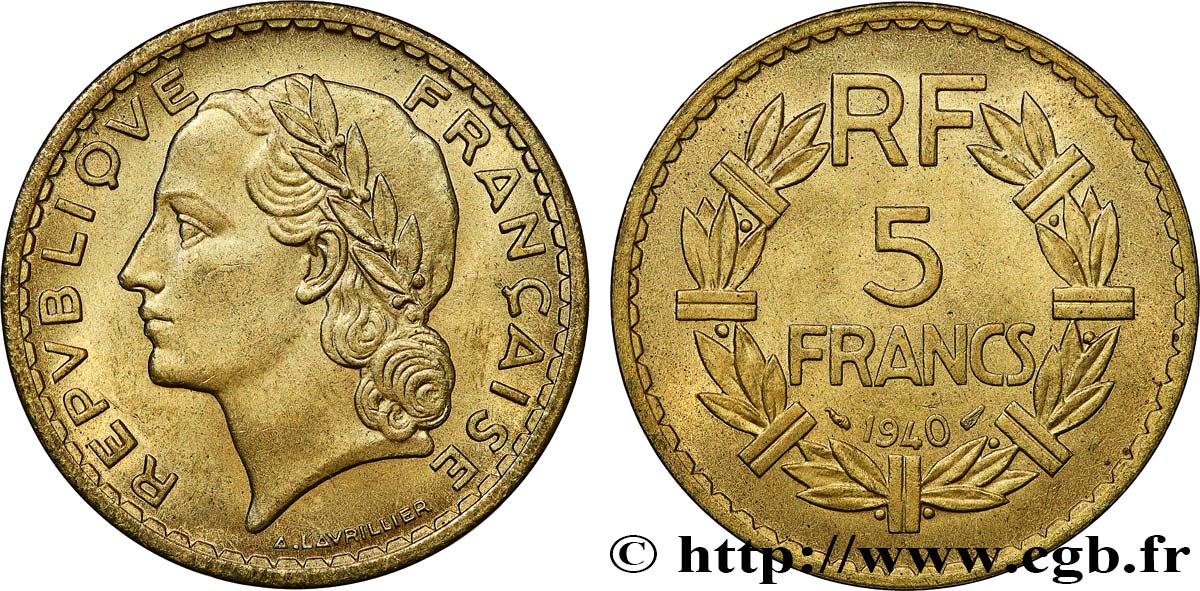 5 francs Lavrillier, bronze-aluminium 1940  F.337/4 MS62 