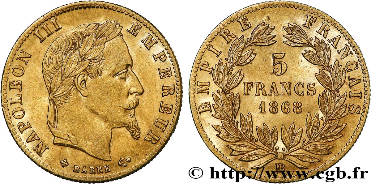 5 francs or Napoléon III, tête laurée 1868 Strasbourg F.502/14 SPL 