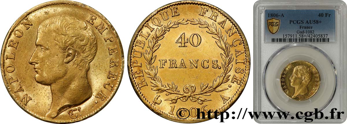 40 francs or Napoléon tête nue, Calendrier grégorien 1806 Paris F.538/1 SUP58 PCGS