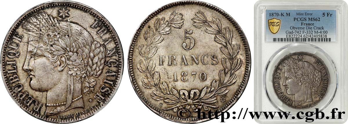5 francs Cérès, sans légende 1870 Bordeaux F.332/3 SUP62 PCGS