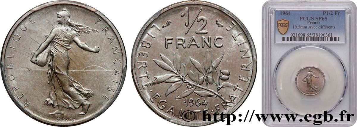 Pré-série d un 1/2 franc Semeuse, petit module, avec différents, tranche striée, sans le mot ESSAI 1964 Paris F.198/1 FDC65 PCGS