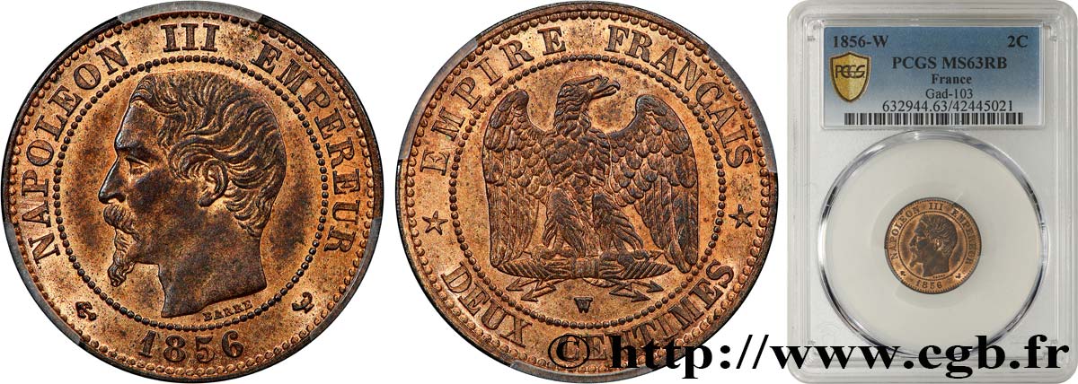 Deux centimes Napoléon III, tête nue 1856 Lille F.107/43 SPL63 PCGS