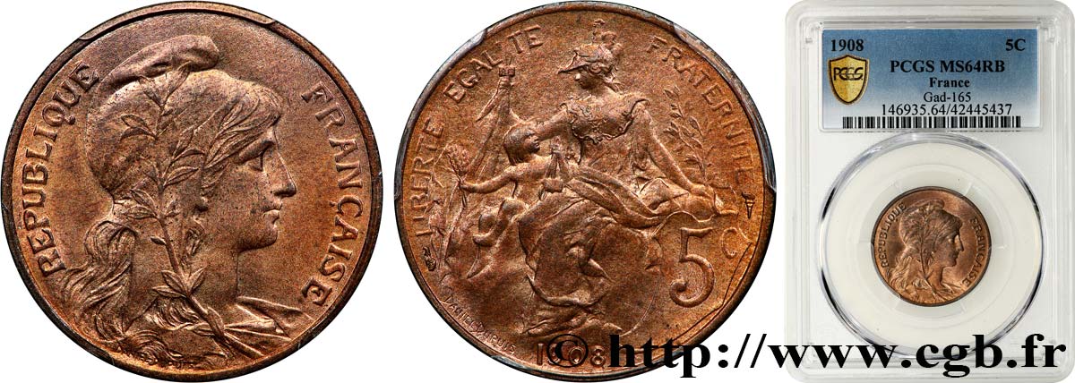 5 centimes Daniel-Dupuis 1908  F.119/19 fST64 PCGS
