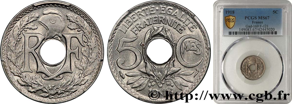 5 centimes Lindauer, grand module 1918 Paris F.121/2 ST67 PCGS