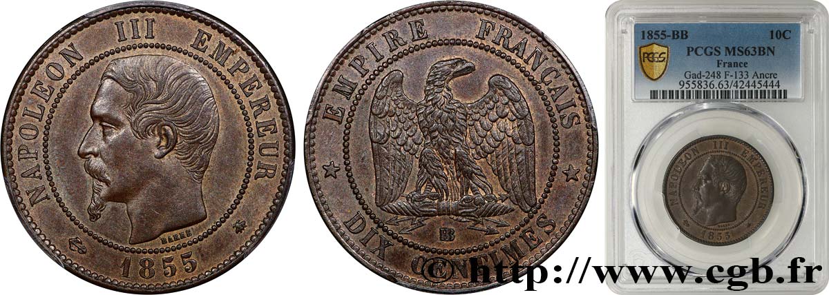 Dix centimes Napoléon III, tête nue, différent ancre 1855 Strasbourg F.133/24 MS63 PCGS