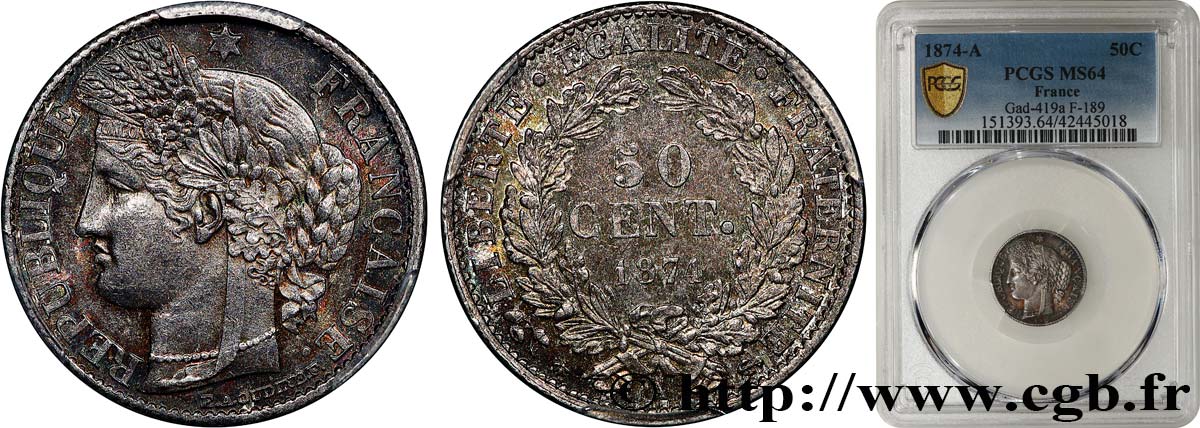 50 centimes Cérès, IIIe République 1874 Paris F.189/7 MS64 PCGS
