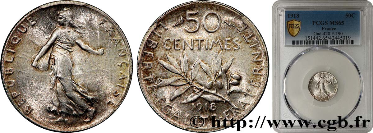50 centimes Semeuse 1918 Paris F.190/25 ST65 PCGS