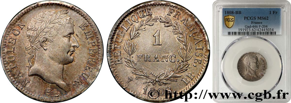 1 franc Napoléon Ier tête laurée, République française 1808 Strasbourg F.204/4 SUP62 PCGS