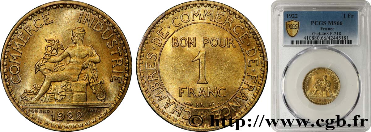1 franc Chambres de Commerce 1922 Paris F.218/4 MS66 PCGS