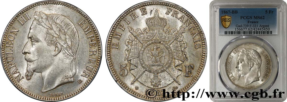 5 francs Napoléon III, tête laurée 1867 Strasbourg F.331/11 EBC62 PCGS