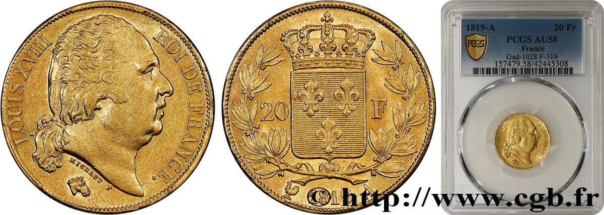 20 francs or Louis XVIII, tête nue 1819 Paris F.519/15 SUP58 PCGS