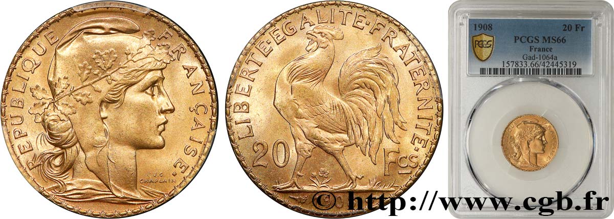 20 francs or Coq, Liberté Égalité Fraternité 1908 Paris F.535/2 MS66 PCGS