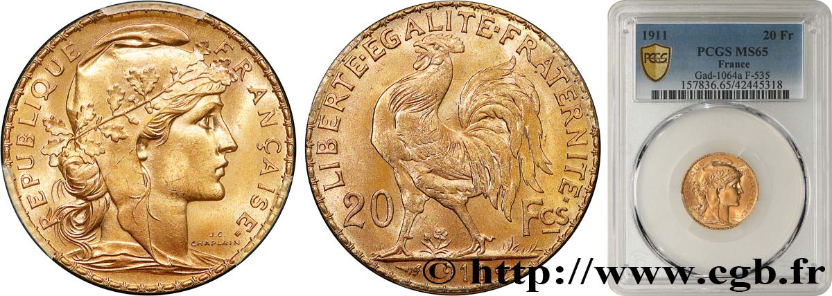 20 francs or Coq, Liberté Égalité Fraternité 1911 Paris F.535/5 ST65 PCGS