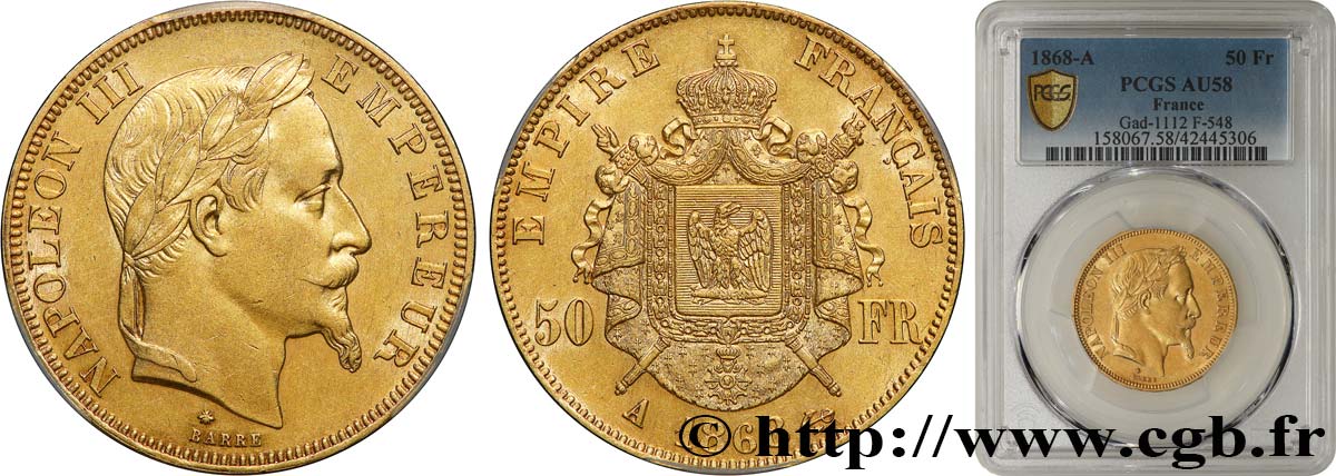 50 francs or Napoléon III, tête laurée 1868 Paris F.548/10 SPL58 PCGS