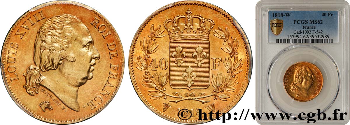 40 francs or Louis XVIII 1818 Lille F.542/8 MS62 PCGS