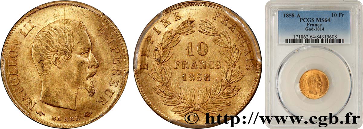 10 francs or Napoléon III, tête nue 1858 Paris F.506/5 SPL64 PCGS