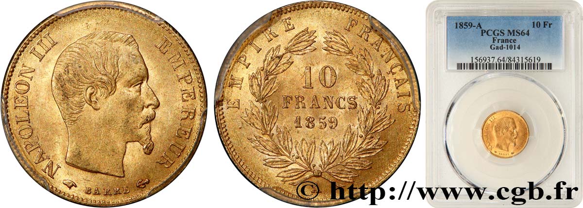 10 francs or Napoléon III, tête nue 1859 Paris F.506/7 SC64 PCGS
