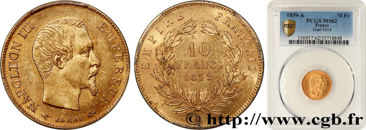 10 francs or Napoléon III, tête nue 1859 Paris F.506/7 SPL62 PCGS