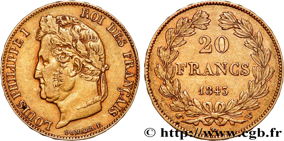 20 francs Louis-Philippe, Domard 1843 Lille F.527/30 AU50 