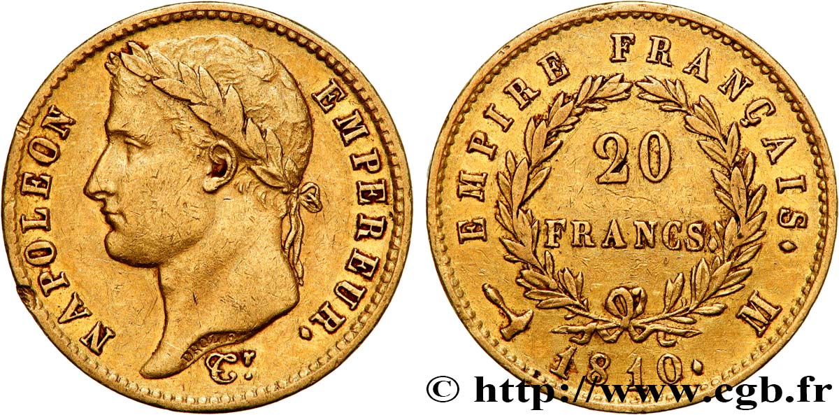 20 francs or Napoléon tête laurée, Empire français 1810 Toulouse F.516/12 TTB50 
