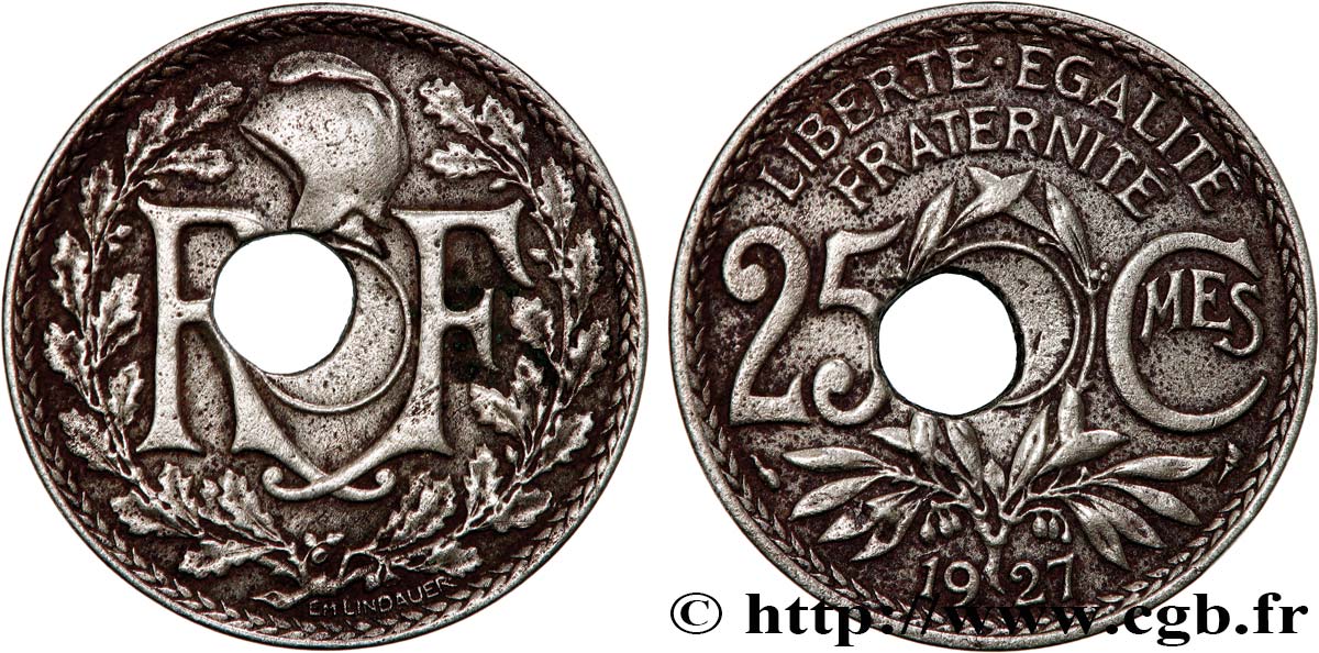 25 centimes Lindauer, trou décentré 1927  F.171/11 var. BC 