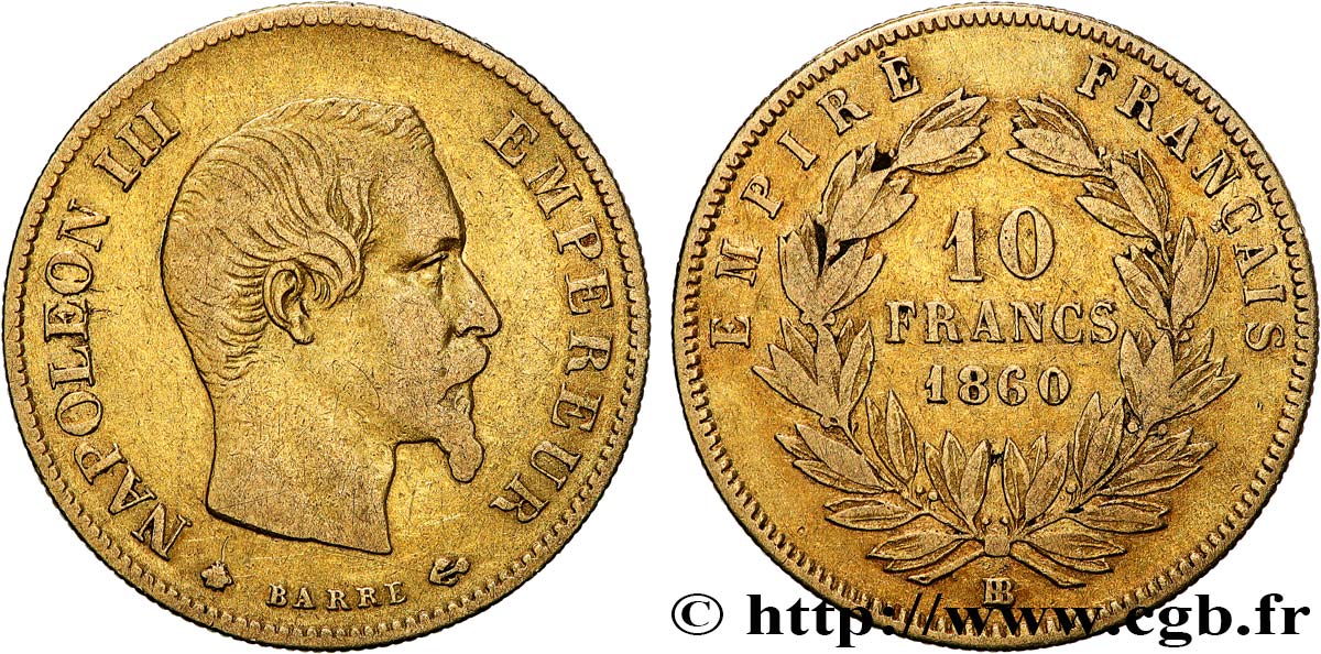 10 francs or Napoléon III, tête nue 1860 Strasbourg F.506/11 VF 