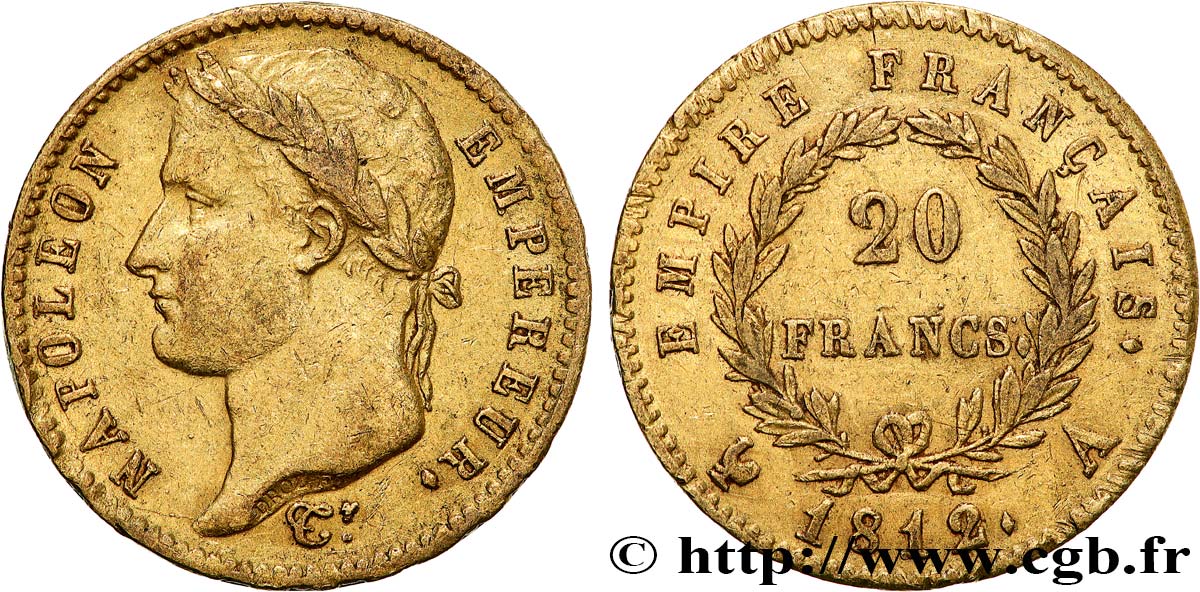 20 francs or Napoléon tête laurée, Empire français 1812 Paris F.516/22 AU50 