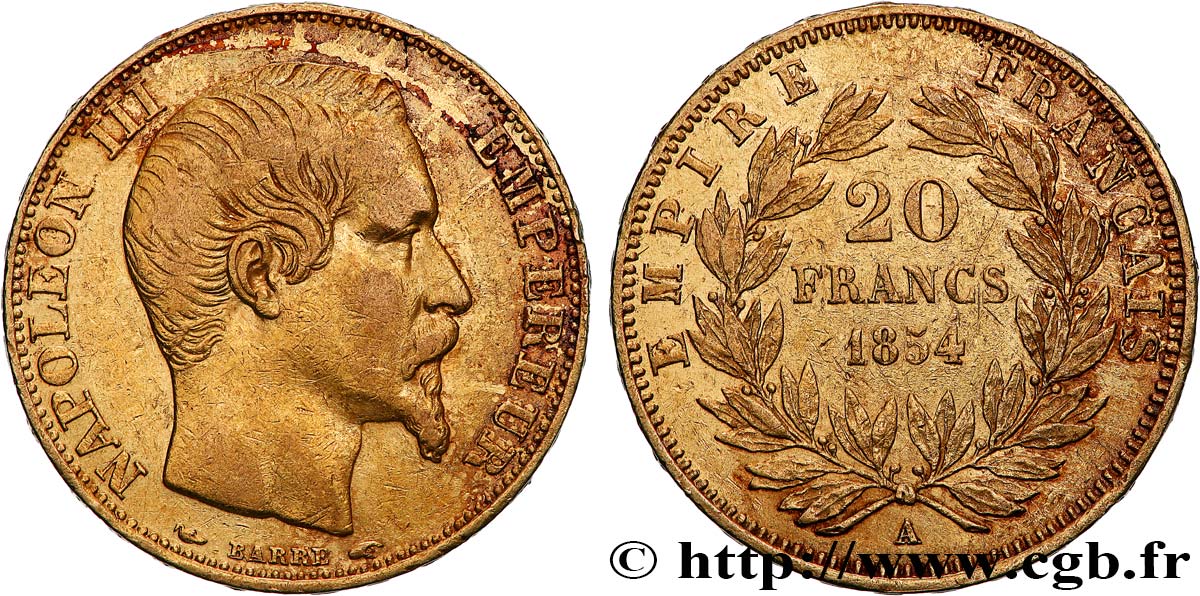 20 francs or Napoléon III, tête nue 1854 Paris F.531/2 XF 