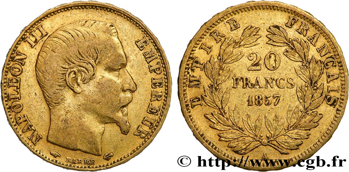 20 francs or Napoléon III, tête nue 1857 Paris F.531/12 VF 