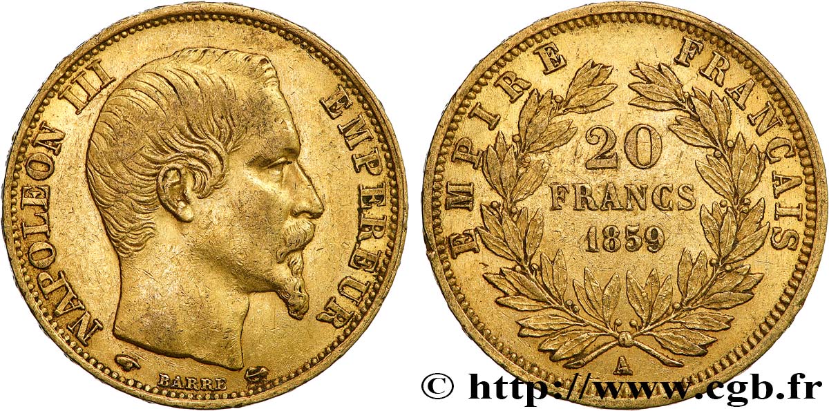 20 francs or Napoléon III, tête nue 1859 Paris F.531/15 MBC50 