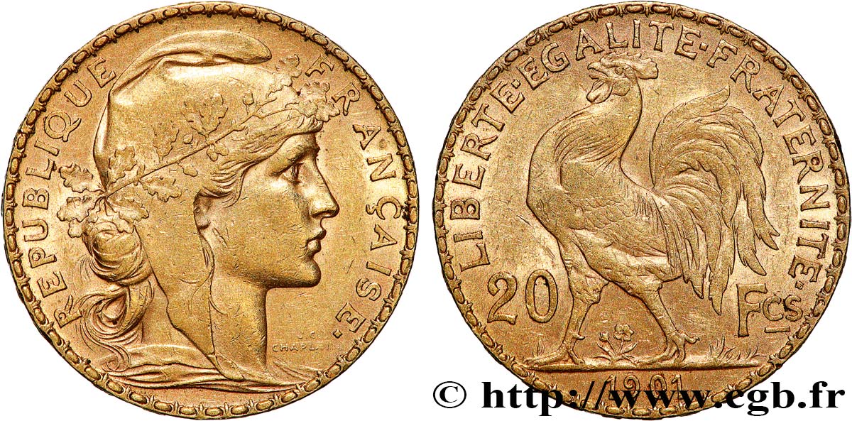 20 francs or Coq, Dieu protège la France 1901 Paris F.534/6 AU 