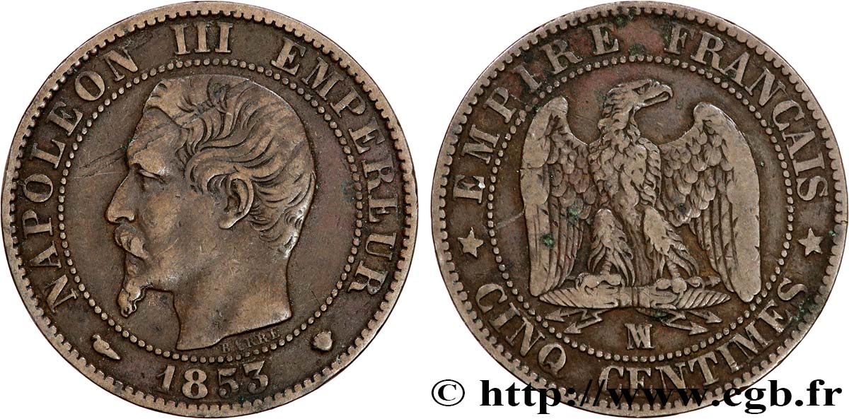 Cinq centimes Napoléon III, tête nue 1853 Marseille F.116/6 TB25 