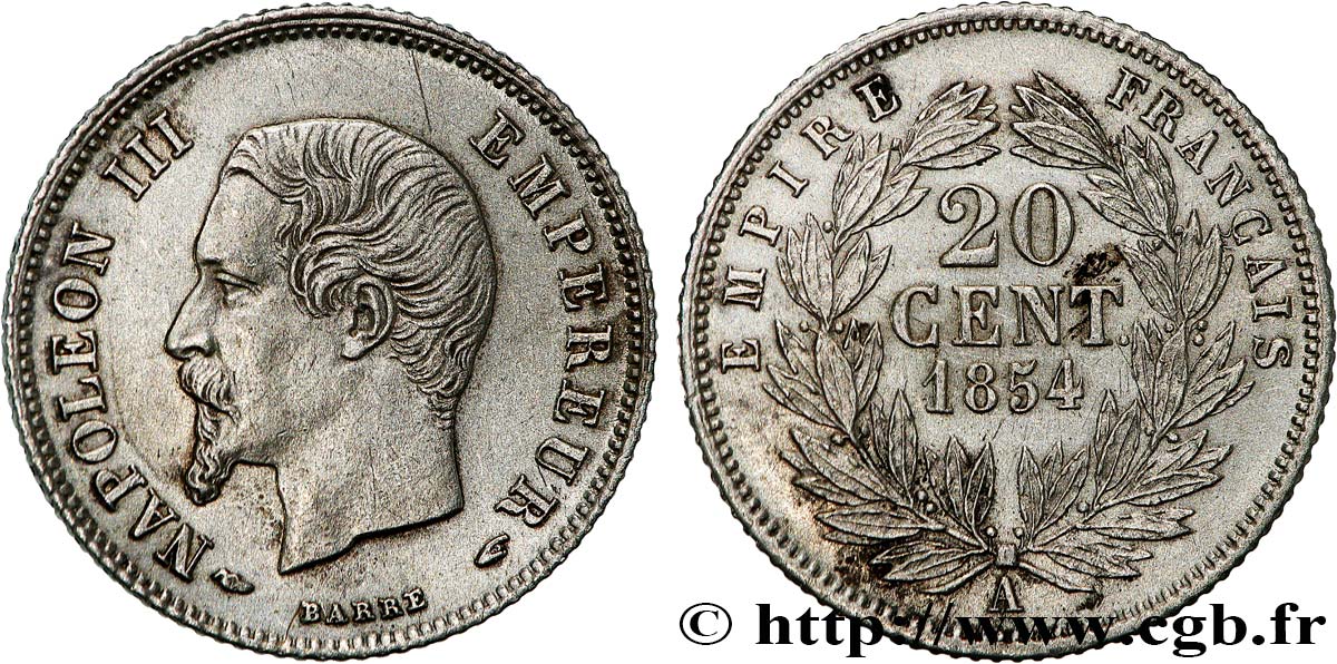 20 centimes Napoléon III, tête nue 1854 Paris F.148/2 VZ 