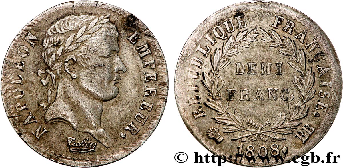 Demi-franc Napoléon Ier tête laurée, République française, buste fin 1808 Strasbourg F.177/4 SS 