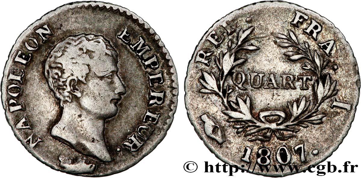 Quart (de franc) Napoléon Empereur, Calendrier grégorien 1807 Limoges F.159/6 BC35 