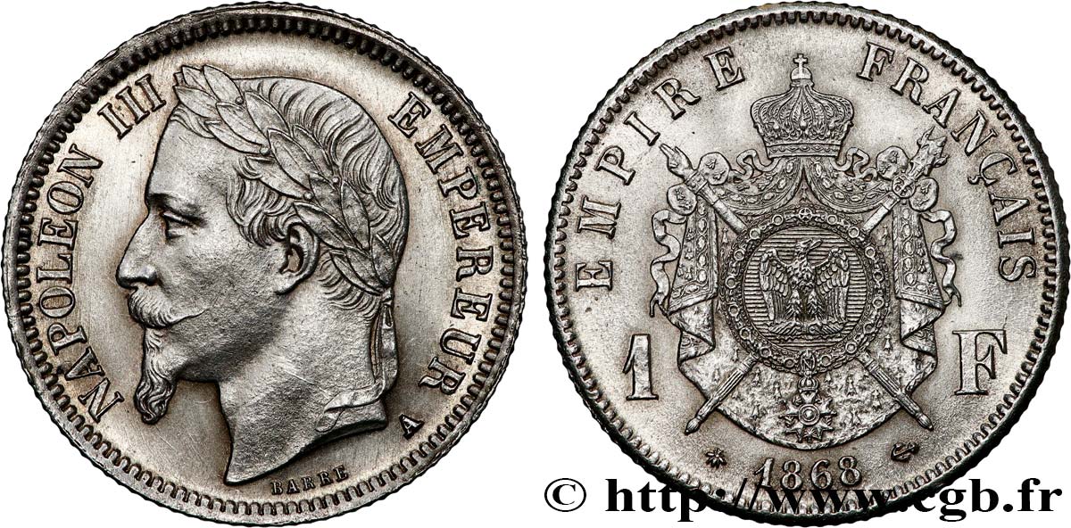 1 franc Napoléon III, tête laurée 1868 Paris F.215/10 SPL+ 