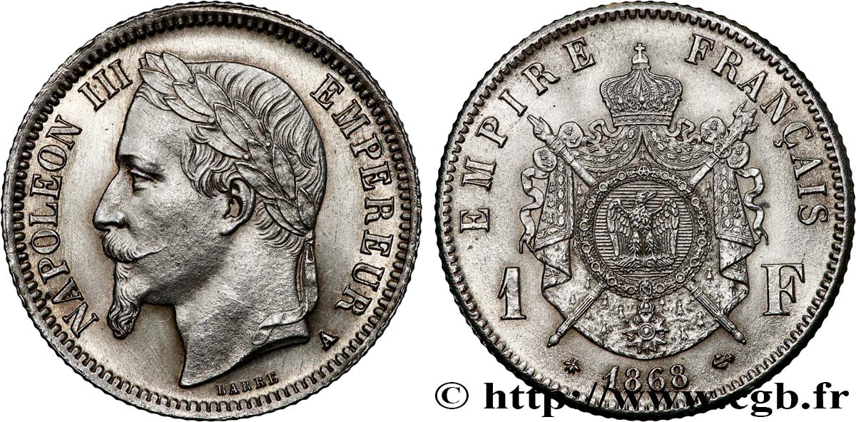 1 franc Napoléon III, tête laurée 1868 Paris F.215/10 SUP+ 