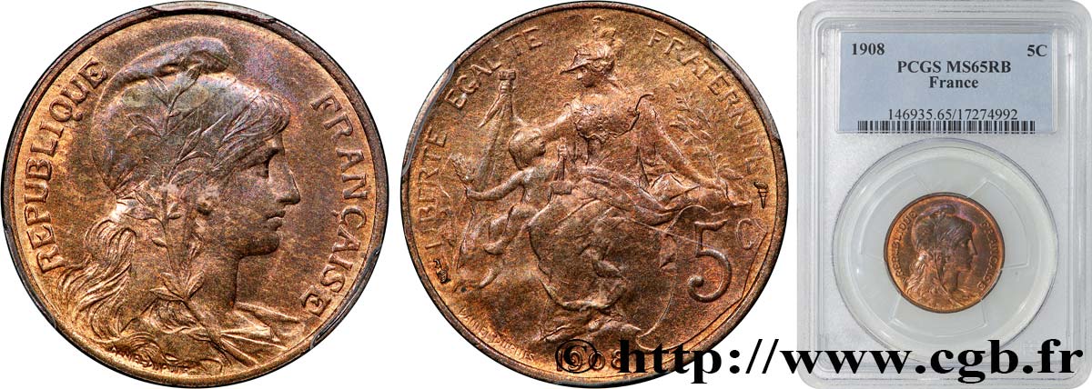 5 centimes Daniel-Dupuis 1908  F.119/19 FDC65 PCGS