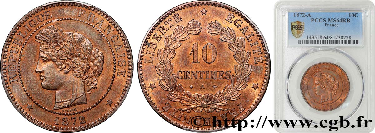 10 centimes Cérès 1872 Paris F.135/8 fST64 PCGS