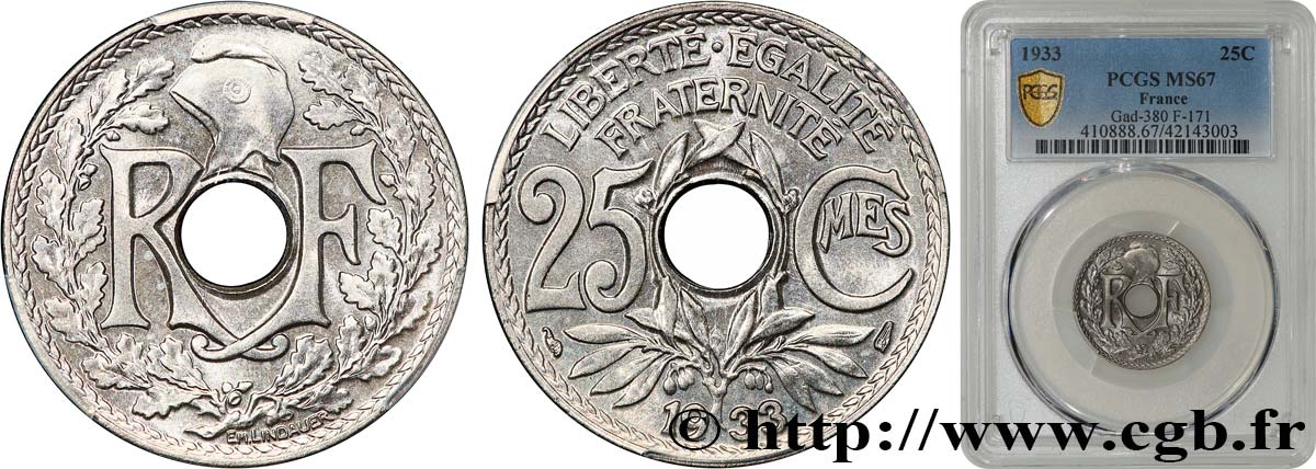 25 centimes Lindauer 1933  F.171/17 ST67 PCGS